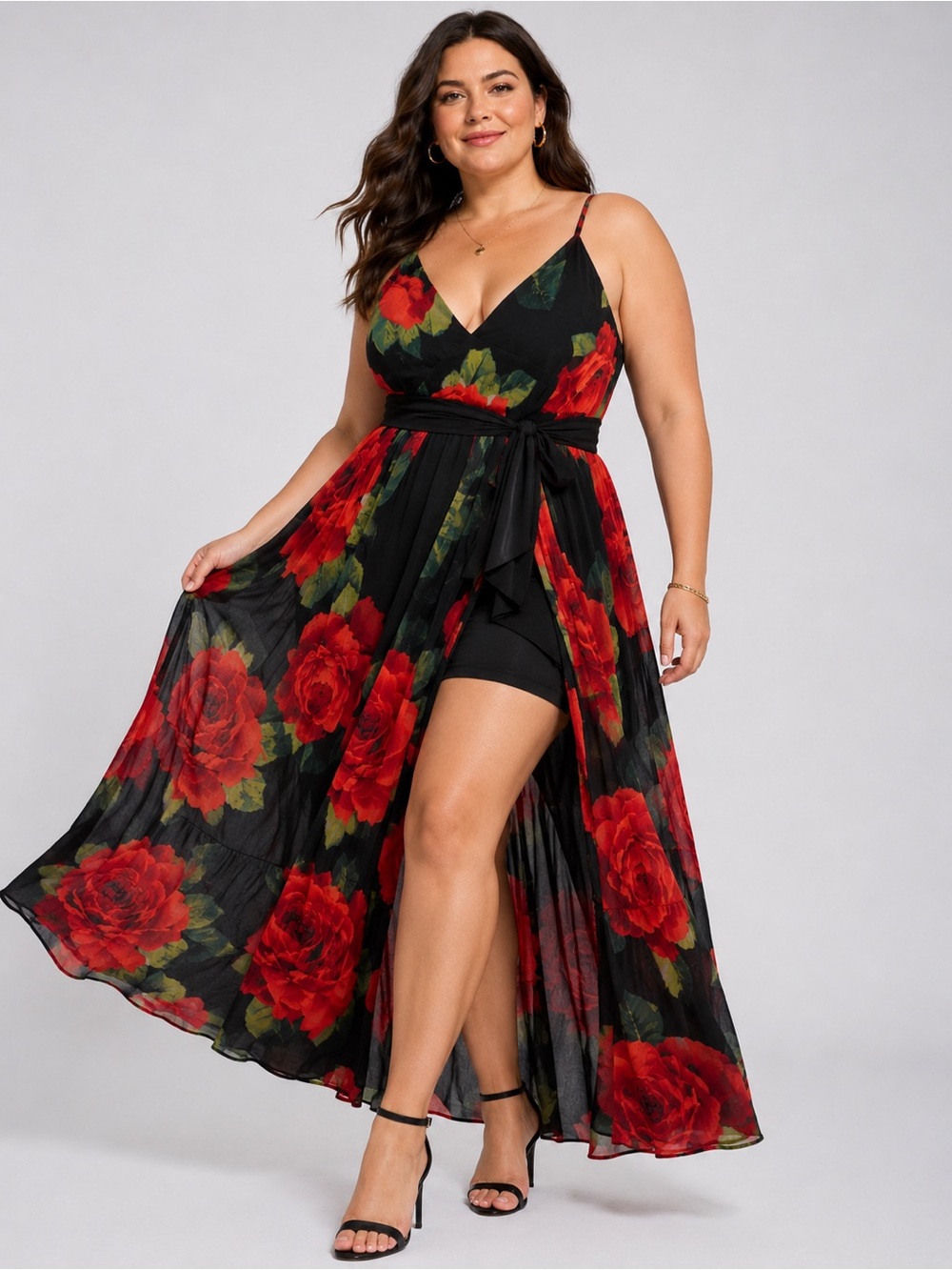 Y2K Jasmine Sportswear 2X Black Red Rose Maxi Dress Romper Overlay Floral Slit